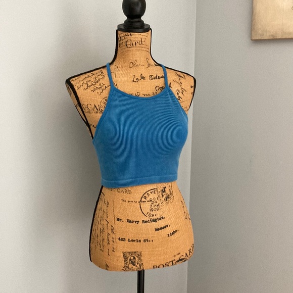 Target Halter Brami - Blue Ribbed Crop Top EUC Women Size Small - Picture 1 of 11